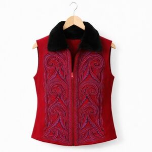 Bob Mackie Red Embroidered Wearable Art Vest With Faux Fur Collar Womens Sz Med